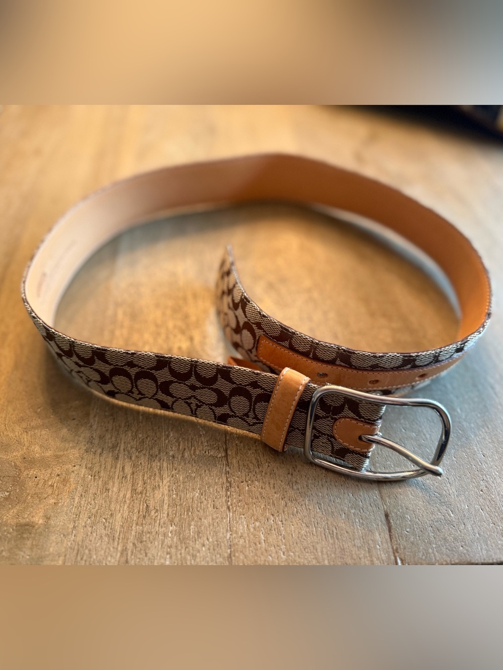 Coach Signature Women’s Belt with Tan Leather Trim